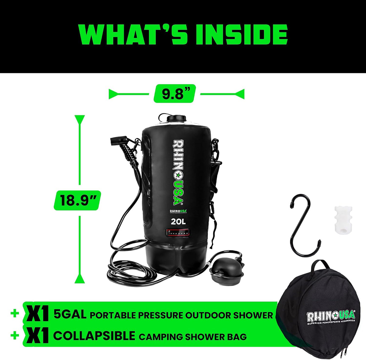 Rhino USA Portable Solar Camp Shower - 5 Gal/20L for Camping & Overlanding