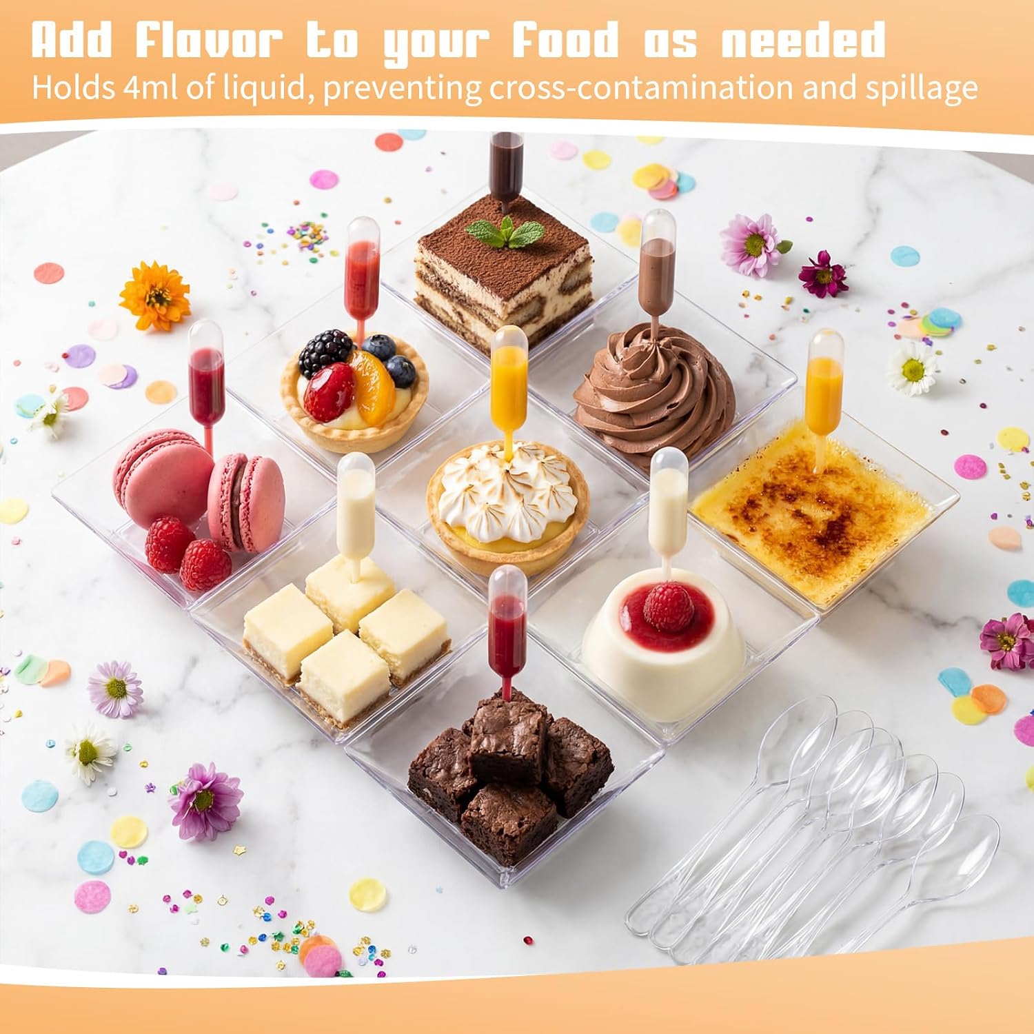 Mifoci 100 Set Mini Dessert Plates Spoon and Pipette, Square Plate & Spoon