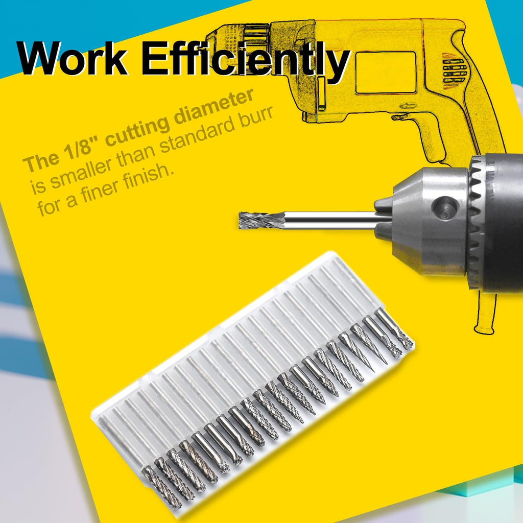 Mini Carbide Burrs Set 1/8’’ Shank Solid Tungsten Carbide Burrs with 1/8’’ Cutting Head Double Cut Rotary File for Die Grinder Rotary Drill Tool 20pcs for Carving Grinding Engraving Polishing Bit