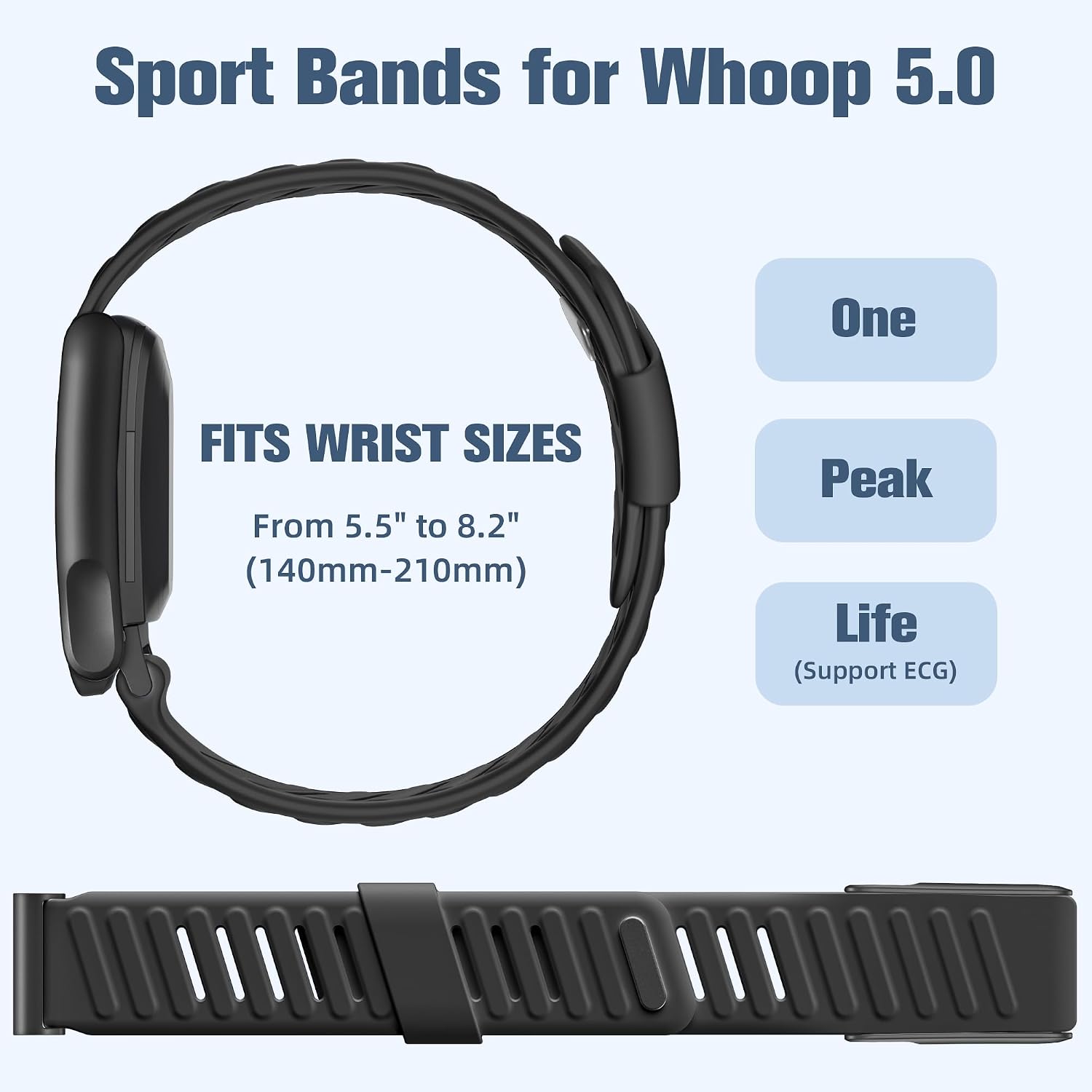 Getino Sport Band Compatible with Whoop 5.0 Bands One, Peak and Life/MG, Breathable Waterproof Silicone Adjustable Replacement Accessories Strap for Whoop Band 5.0 Fitness Activity Tracker, Black