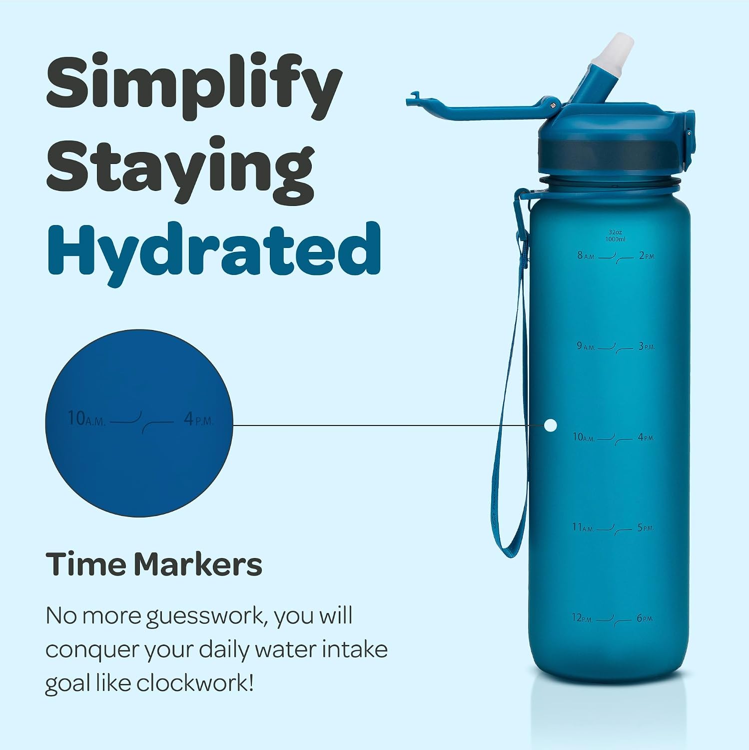 Hydracy Motivational Water Bottle with Time Marker and Straw Lid 32 oz