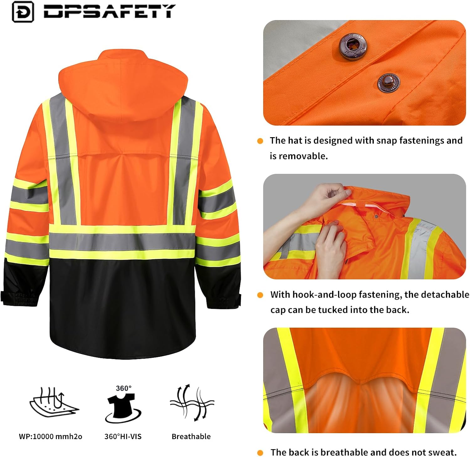 Reflective Rain jackets for men waterproof,Hi Vis Safety Coat With Reflective Strips，High Visibility Class 3 Rain jackets With 2 large pockets，Zipper,Orange,LG/XL