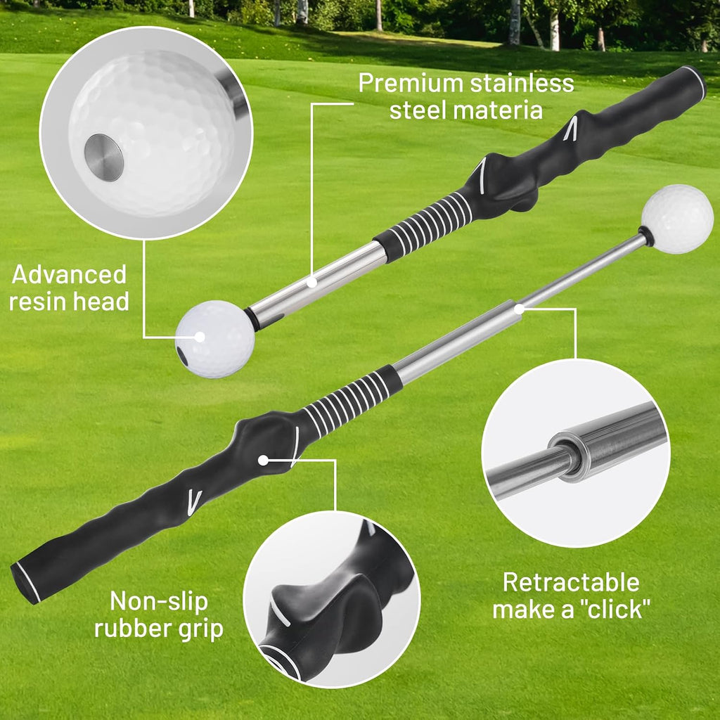 5-in-1 Retractable Golf Swing Trainer, Training Aid with Grip Trainer, Grip Correction for Beginners & Tempo Training for Advanced, Click Feedback, Right/Left-Handed