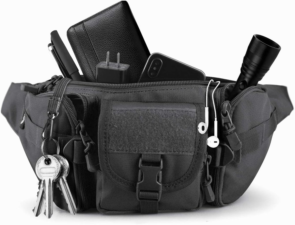 SOWHUP Tactical Fanny Pack,Military Waist Bag Pack with U.S Patch Utility Hip Belt Bumbag for Outdoor Fishing Hiking (Black(5 Zipper Pockets))
