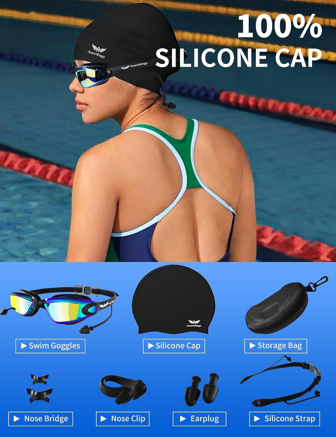 7 in 1 Swim Goggles and Cap for Men Women, Anti-Fog UV Protection, No Leak