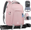 RAINSMORE Camera Backpack for DSLR SLR Mirrorless Cameras - Professional 14 Inch Laptop Compartment Waterproof Photography Bag with Tripod Holder & Rain Cover for Travel & Hiking, Pink