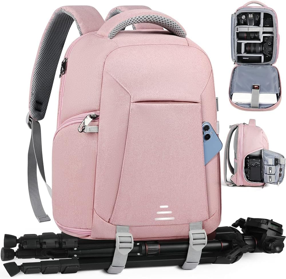 RAINSMORE Camera Backpack for DSLR SLR Mirrorless Cameras - Professional 14 Inch Laptop Compartment Waterproof Photography Bag with Tripod Holder & Rain Cover for Travel & Hiking, Pink