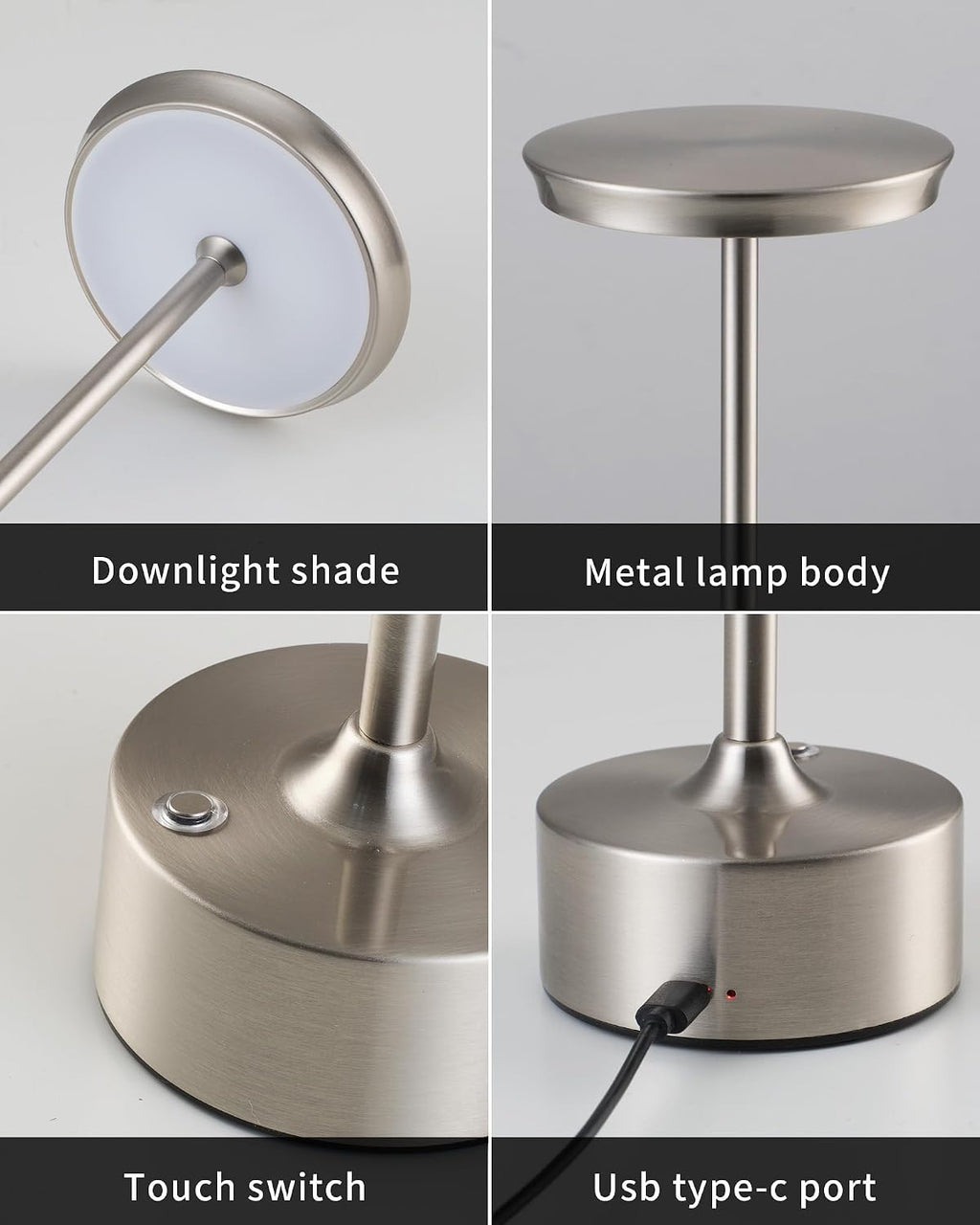 PUSU Rechargeable Table Lamps Set of 2, Nickel Cordless Portable Desk Lamp
