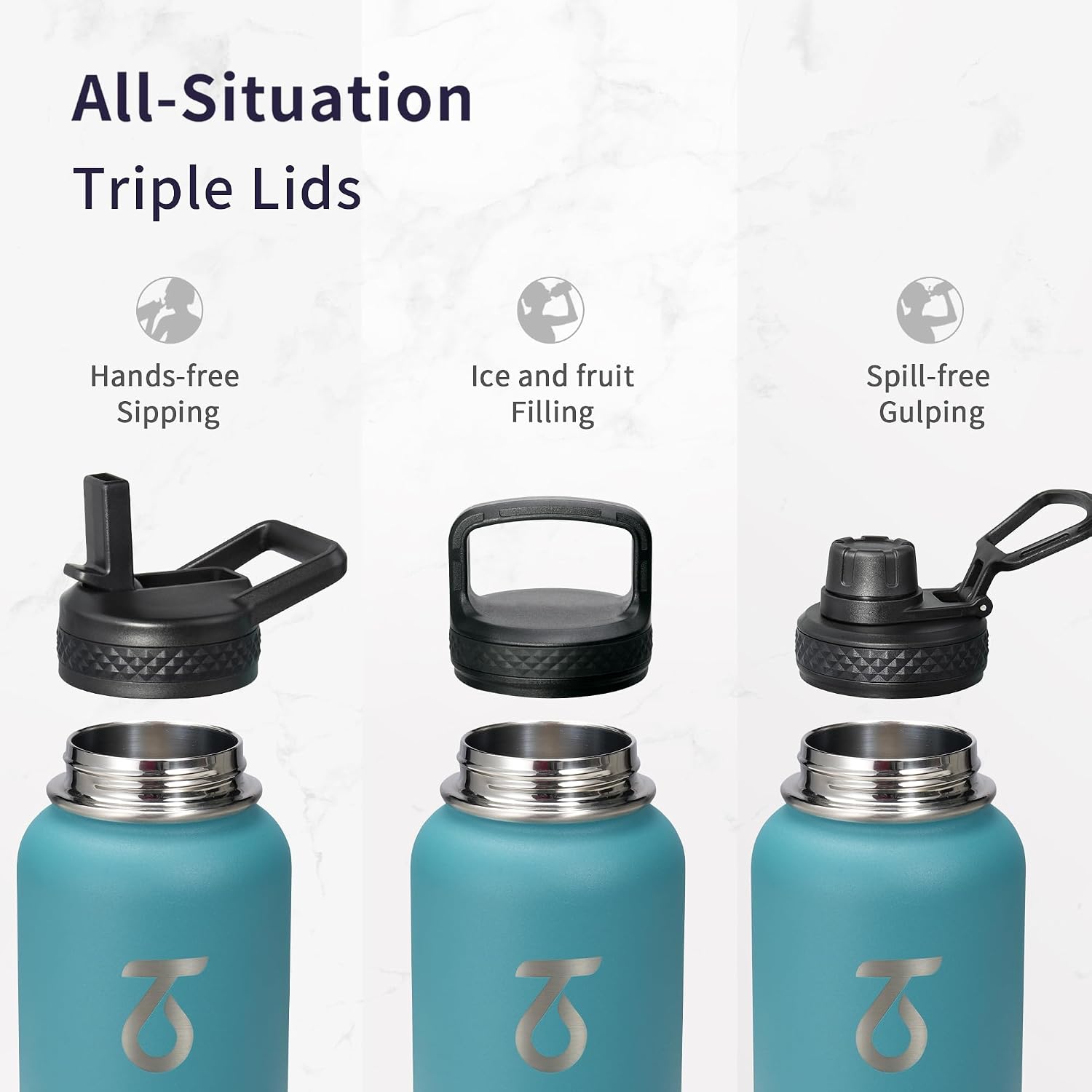 Trebo Water Bottle Insulated 40 oz with 3 Lids, Paracord Handle & Sleeve