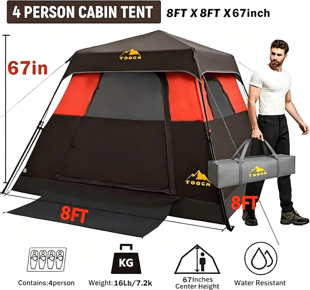 3/4 Person Camping Tent with 1 Door, 4 Windows, and Upgraded Ventilation– Instant Setup, Waterproof, 8'x 8'x 67''Oxford Fabric Floor Pop Up in 60 Seconds Includes Rainfly and Backpack