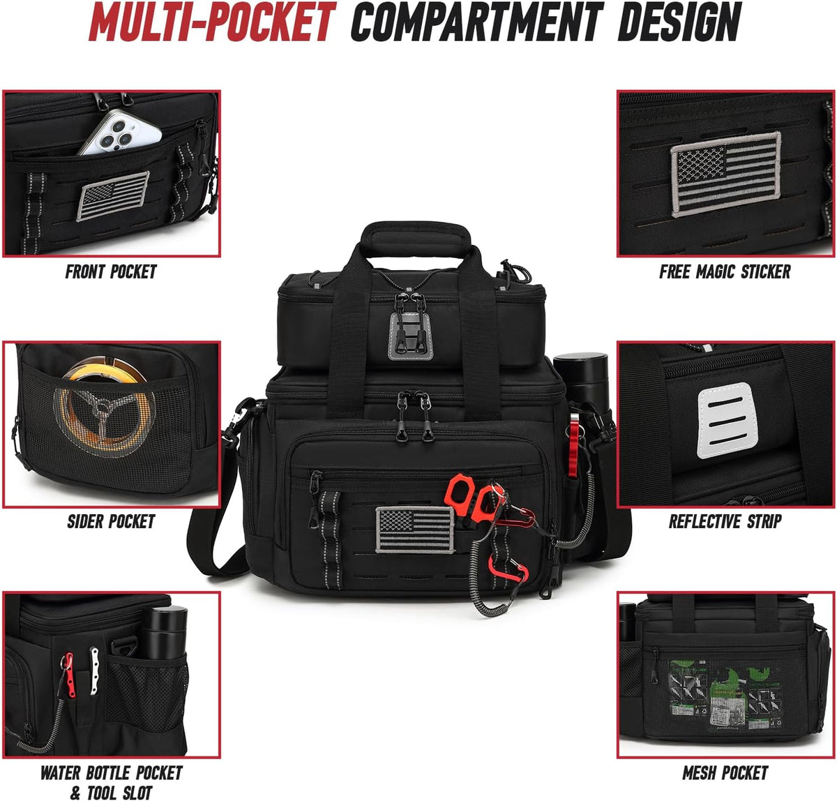 Fishing Tackle Bag, Equipped With 4 Tackle Boxes and Detachable Reel Storage Pouch, Waterproof Fishing Gear Organizer, Adjustable Shoulder Strap Fishing Bags for Saltwater & Freshwater