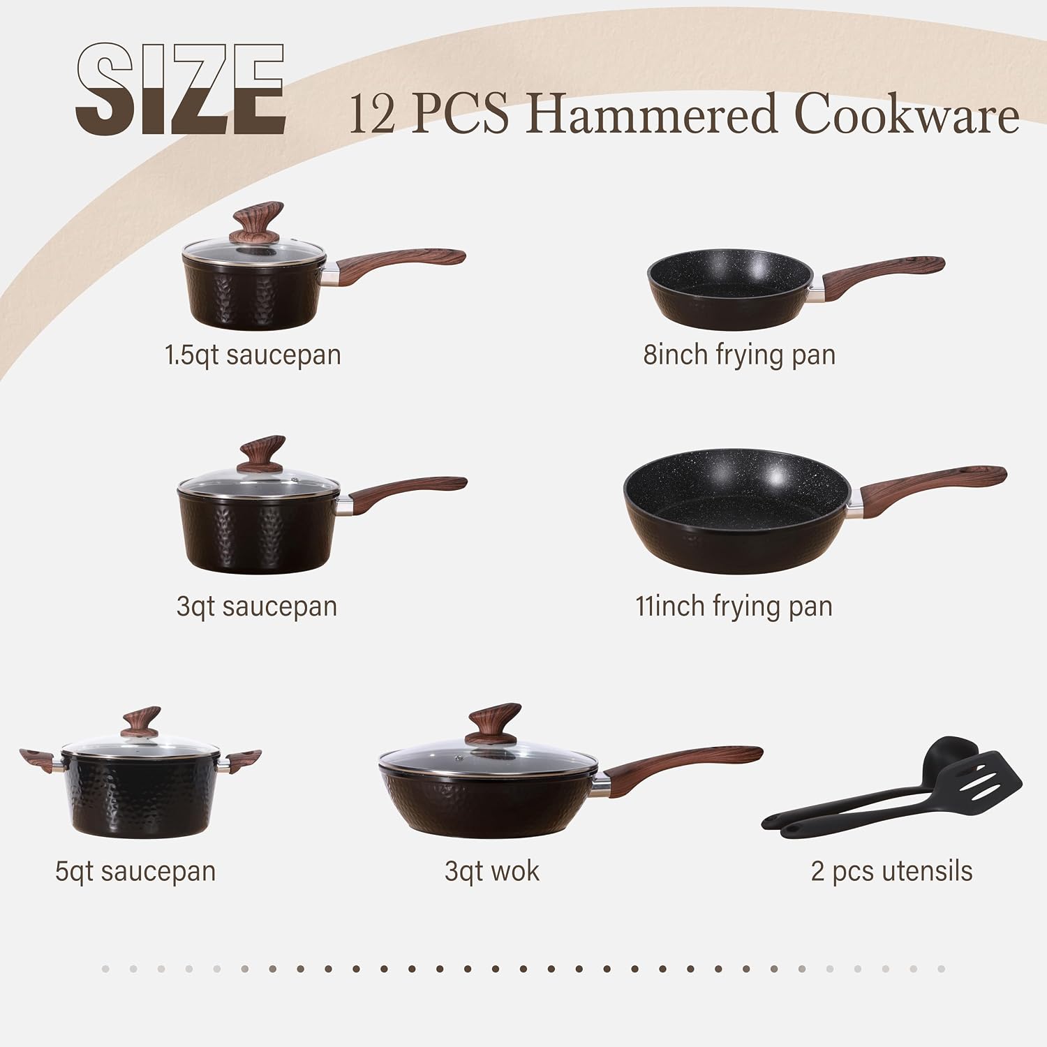Kitchen Academy Induction Pots and Pans Set Nonstick, Hammered Cookware