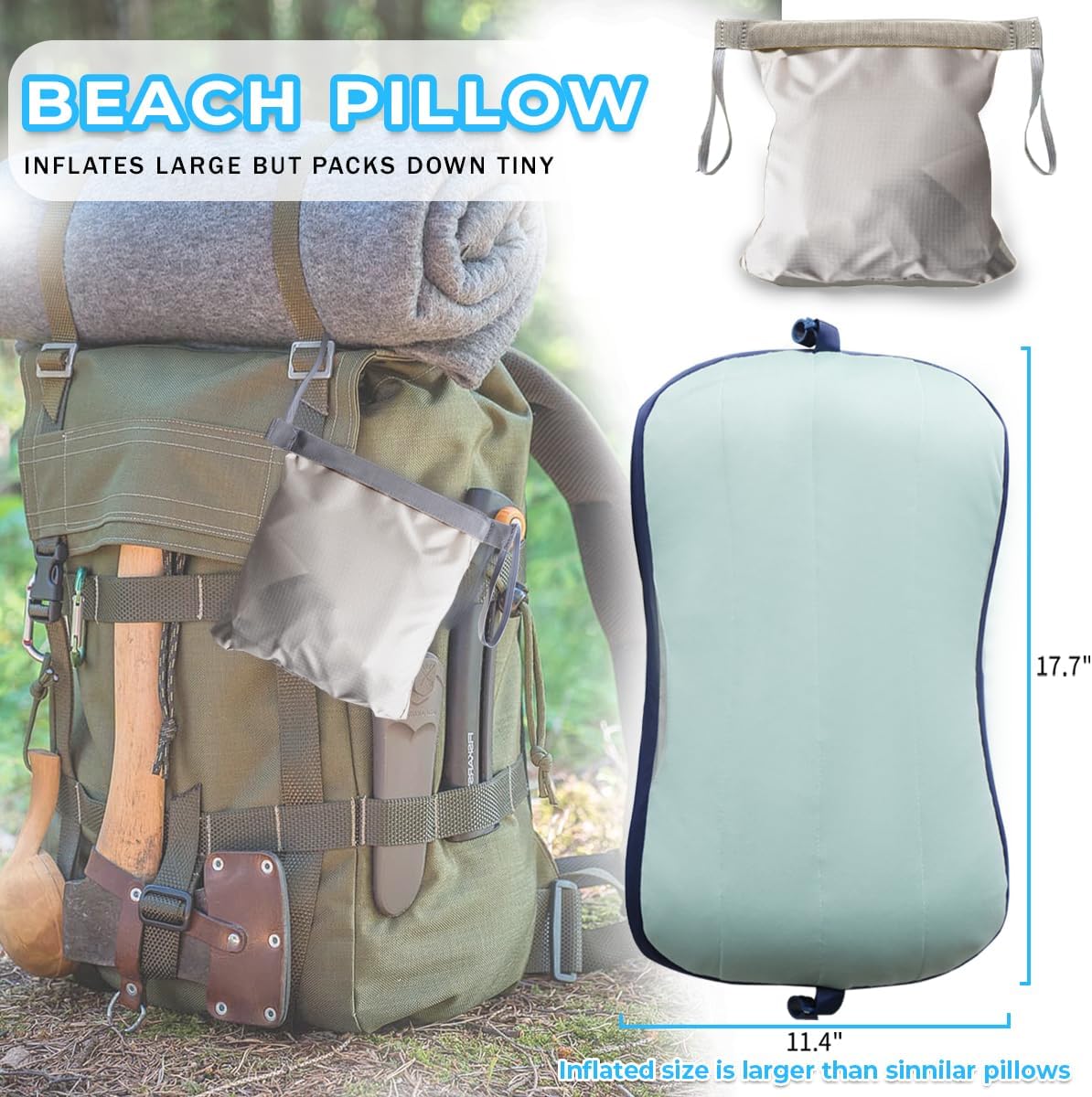 Couleurs Beach Pillow, Inflatable Camping Pillow, Pool Pillow, Removable Pillowcase, Ultralight Neck and Waist Support, Suitable for Camping, Hiking, Backpacking (with Ice Pack)