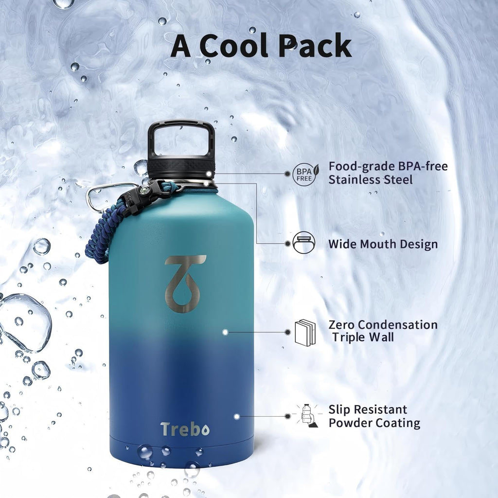 Trebo One Gallon Water Bottle Insulated with 3 Lids, Paracord Handle & Bag