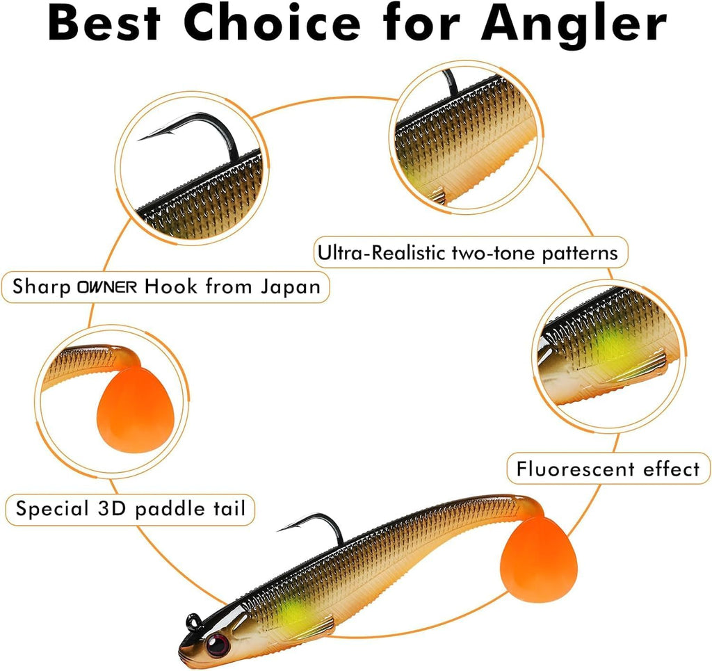 TRUSCEND Shadtale Easy Catch Soft Fishing Lures with BKK Hooks - Trembly Sinking and Vibrating Swim for More Bites, Pre-Rigged Swimbaits for Bass, Trout, Crappie, Walleye, Freshwater Saltwater Fishing