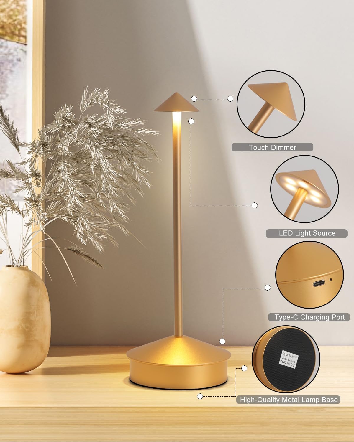 2 Pack Aluminum Cordless Table Lamp, 6000mAh Rechargeable Table Lamps, Portable Touch LED Lamp, Outdoor Waterproof Dimmable Cordless Rechargeable Table Lamps for Restaurant/Patio-(Gold)