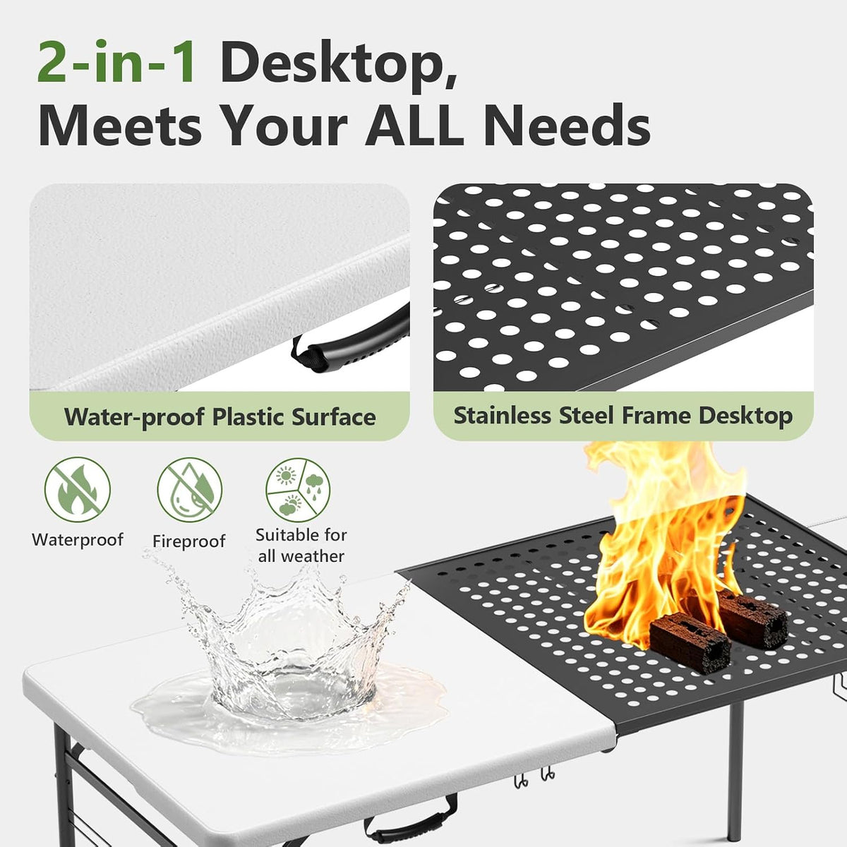 Folding Table, 5ft Folding Grill Table, Portable Camping Table for Cooking & BBQ Grill, 2-in-1 Metal&Solid Surface Grill Table Foldable for Party Cooking, Backyard, Patio Use,(Black and White)