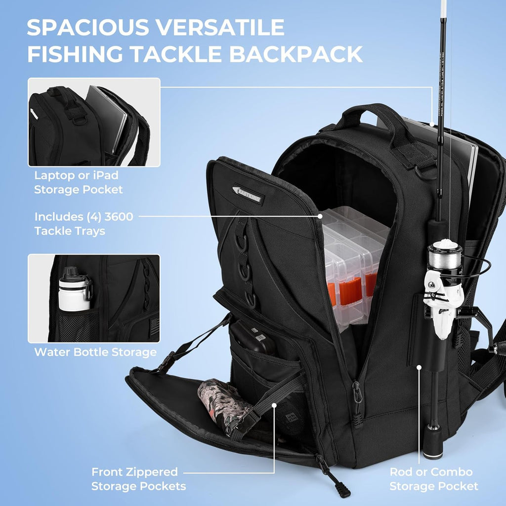 KastKing KarryAll Fishing Backpack with Rod Holder 4 Tackle Boxes, 40/26L