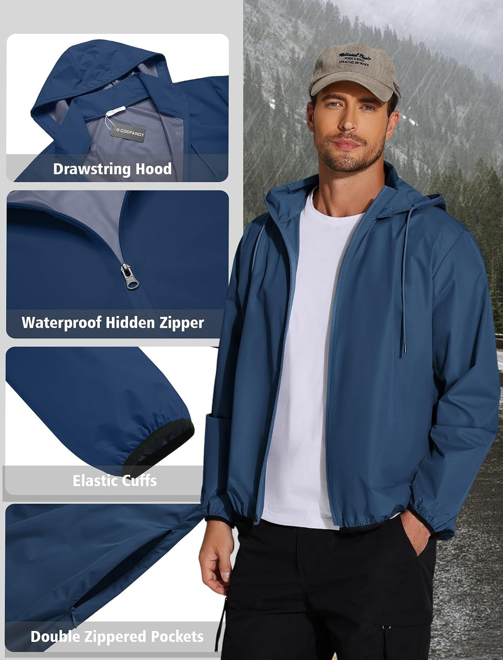 COOFANDY Men's Light Rain Jacket Packable Waterproof Raincoat Windbreaker
