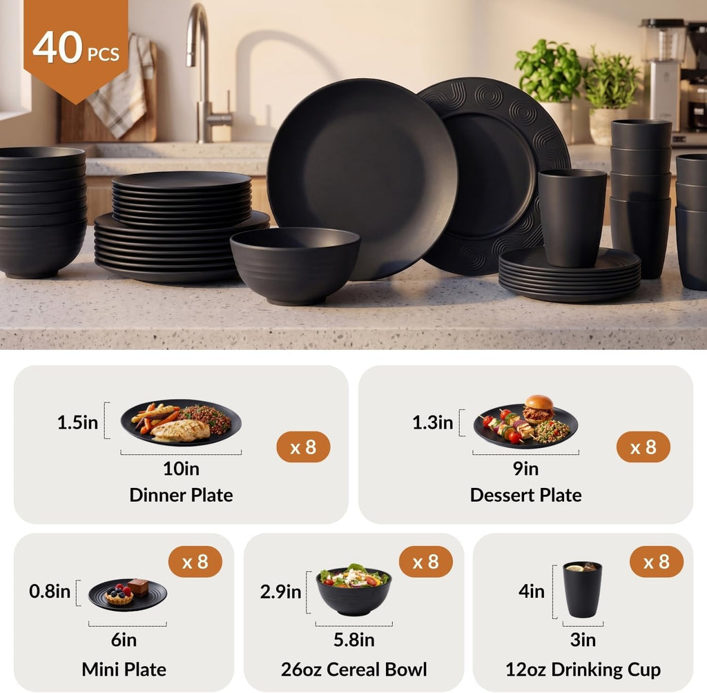 Homienly Wheat Straw Dinnerware Set,40-Piece Dish Set for 8, Dinner Plates, Dessert Plate, Cereal Bowls, Cups, Appetizer Plates,Reusable Dinner Plates Kids Plates and Bowls Sets,Black