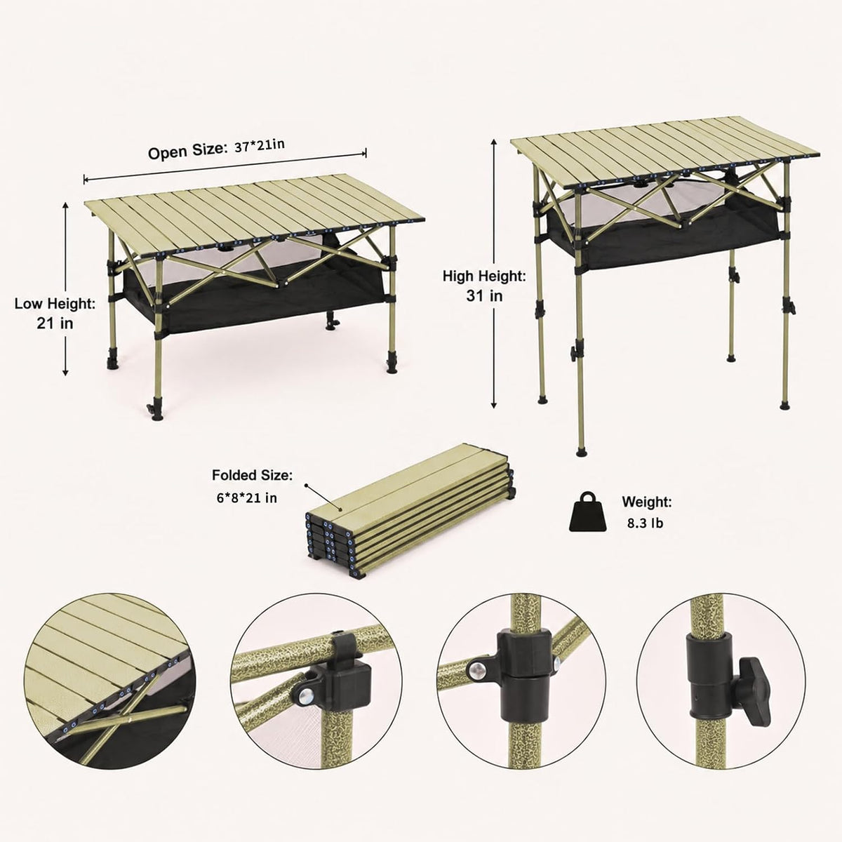 Portable Folding Camping Table, Adjustable Height, Beige, 37 x 21 in