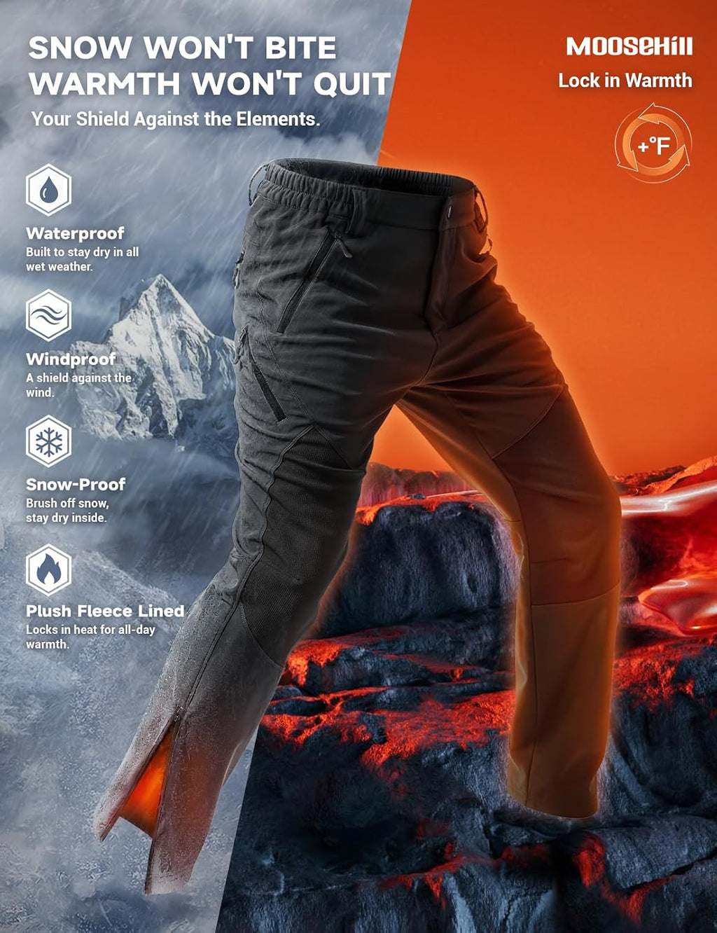 Moosehill Mens Fleece-Lined Hiking Pants: Extended Leg Zippers 7 Pockets