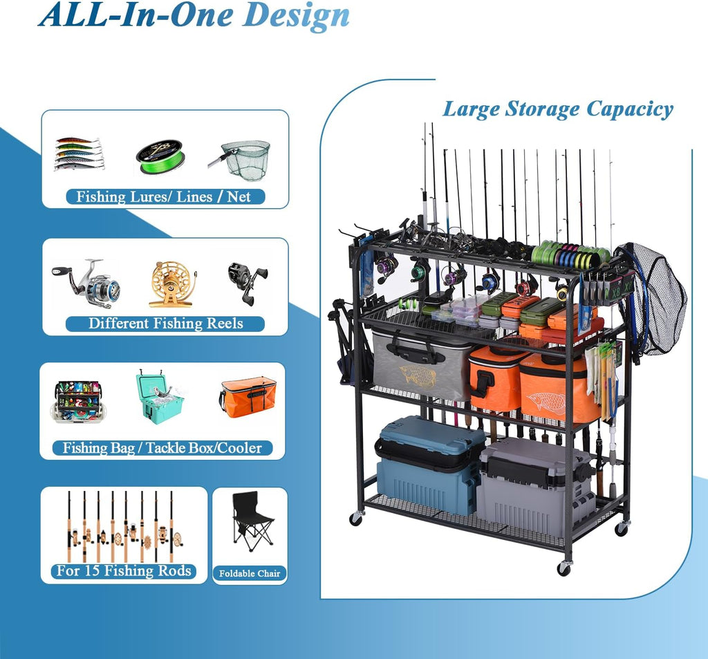 Fishing Rod Holder for Garage, Fishing Pole Holders for 15 Rods 38 * 17", Fishing Rod Rack Basement, Fishing Pole Rack Metal Black with Big Wheels, 4-Tier