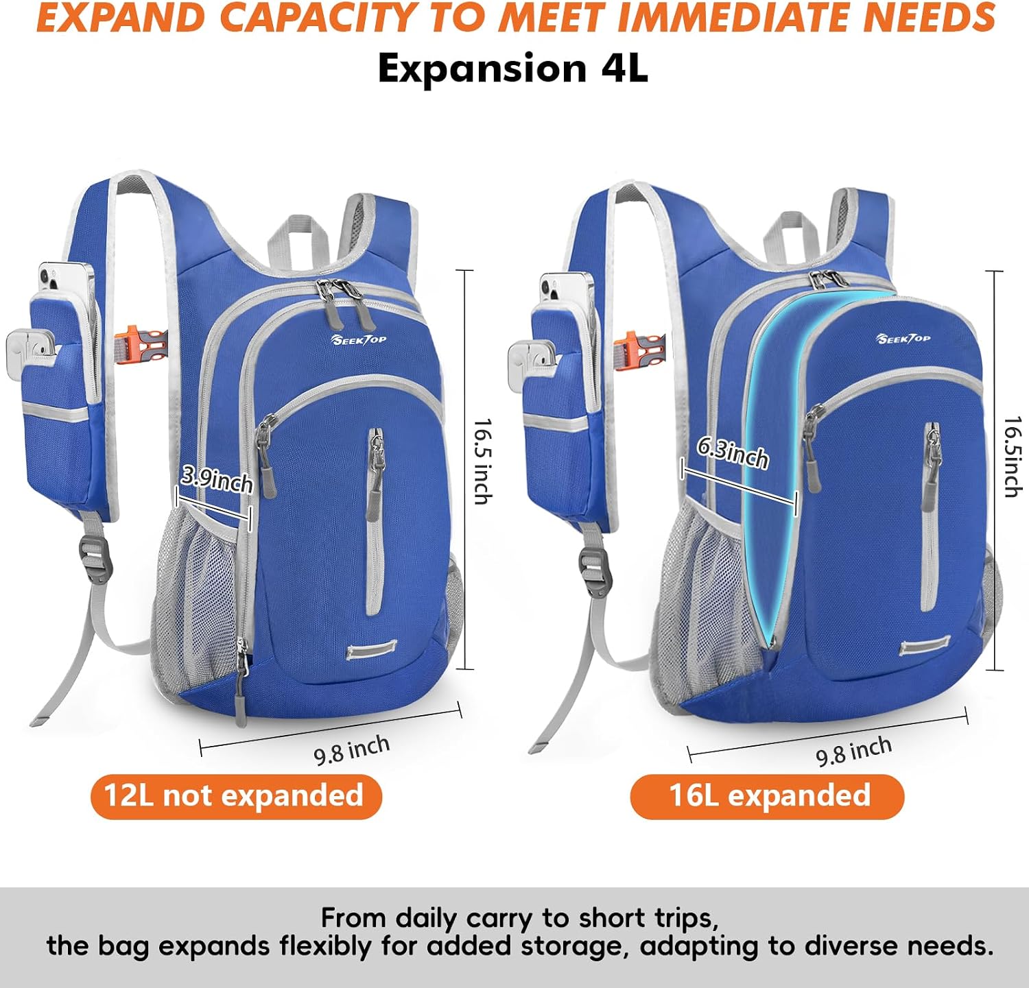 Seektop Small Hiking Backpack Expandable 12L-16L