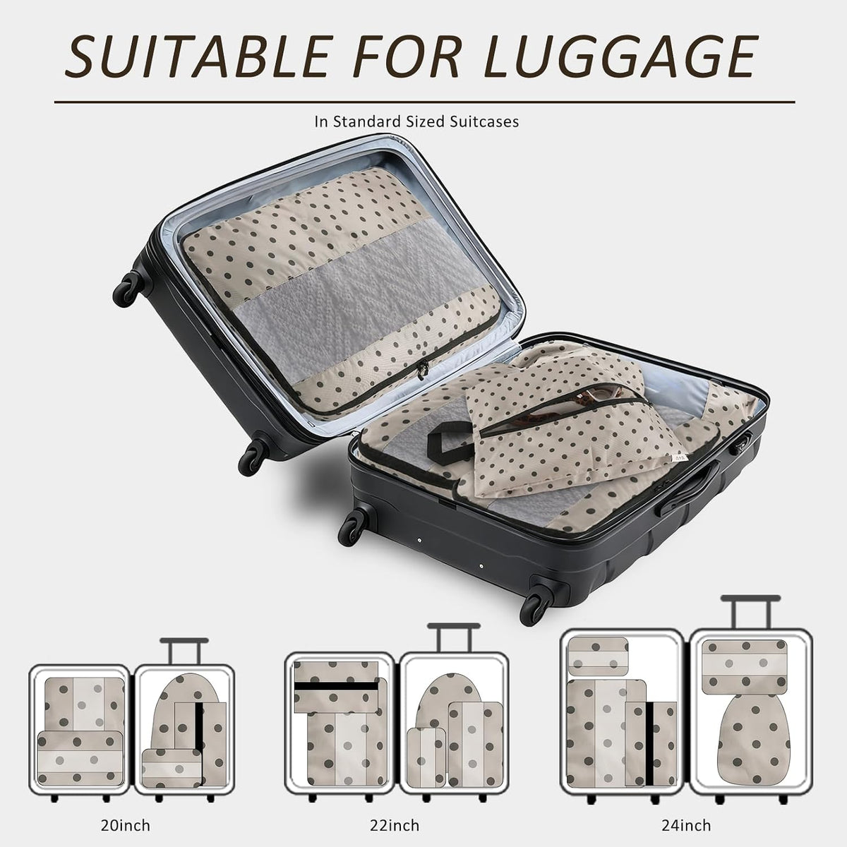 U+U 5 Set Packing Cubes, Travel Organizers with Shoe Bag (Brown Polka Dot)