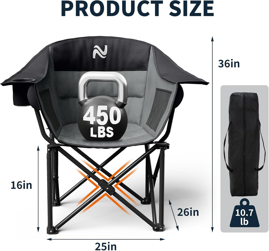 NAIZEA Padded Camping Chair, Outdoor Folding Chair, Portable Heavy Duty Arm Chairs with Side Pockets, Cup Holder for Beach, Lawn, Picnic, Fishing, Backpacking