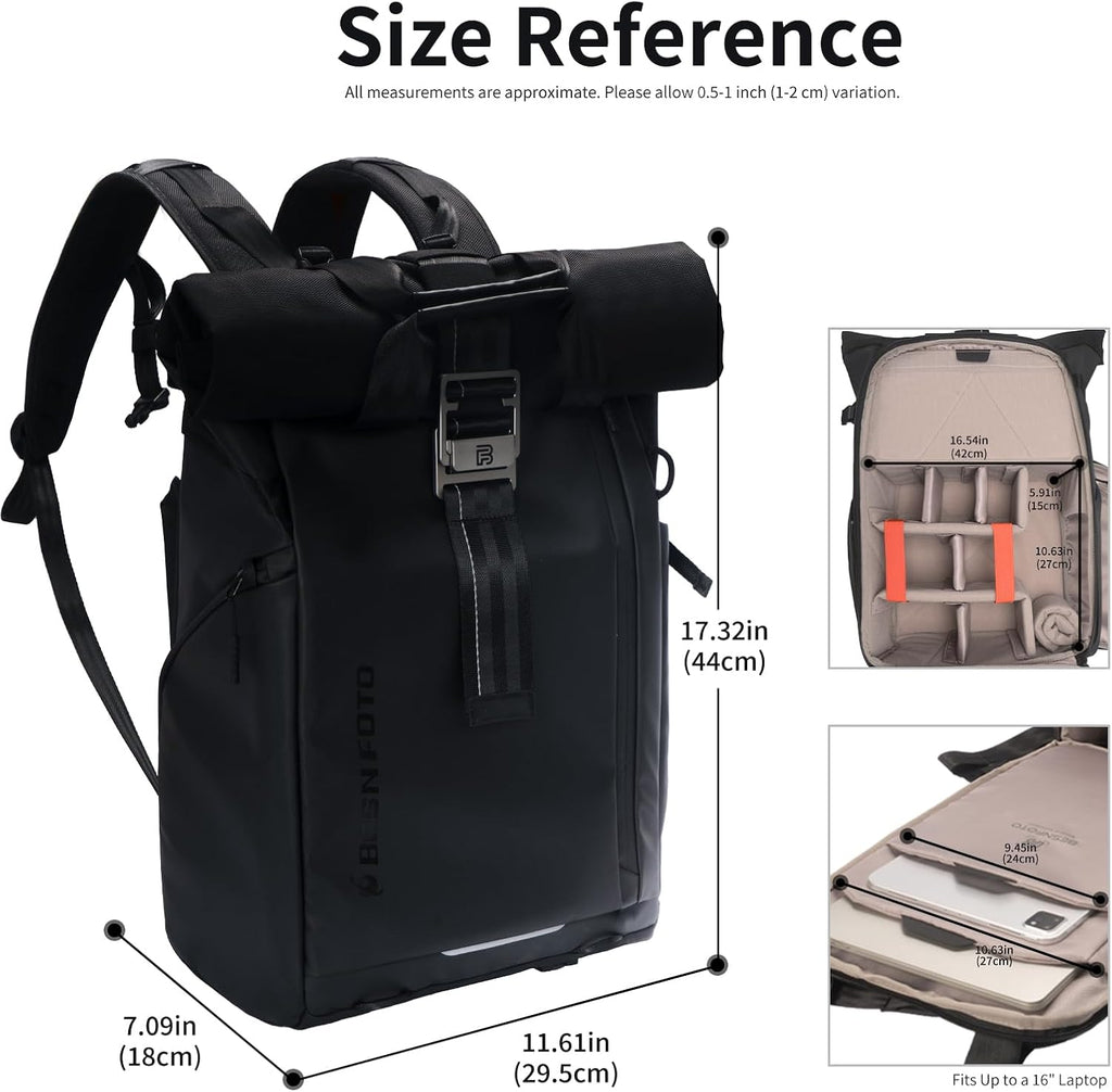 Besnfoto Waterproof Camera Backpack Rolltop Laptop Bag for DSLR Mirrorless