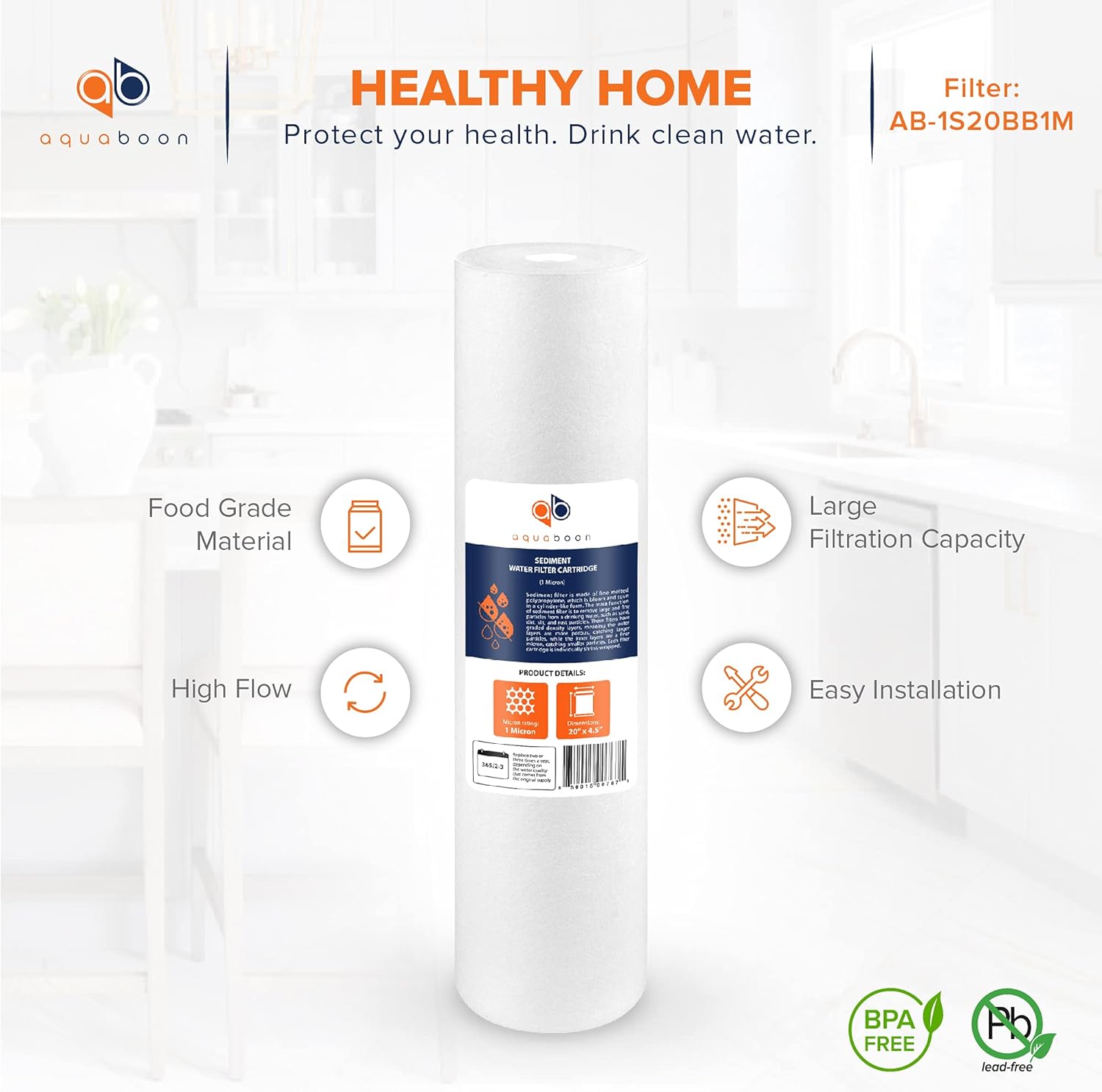 Aquaboon 1 Micron 20 x 4.5 Sediment Water Filter Replacement Cartridge | Whole House Sediment Filtration | Compatible with AP810-2, SDC-45-2005, FPMB5-20, P5-20, FP25B, 155358-43, 2 Pack
