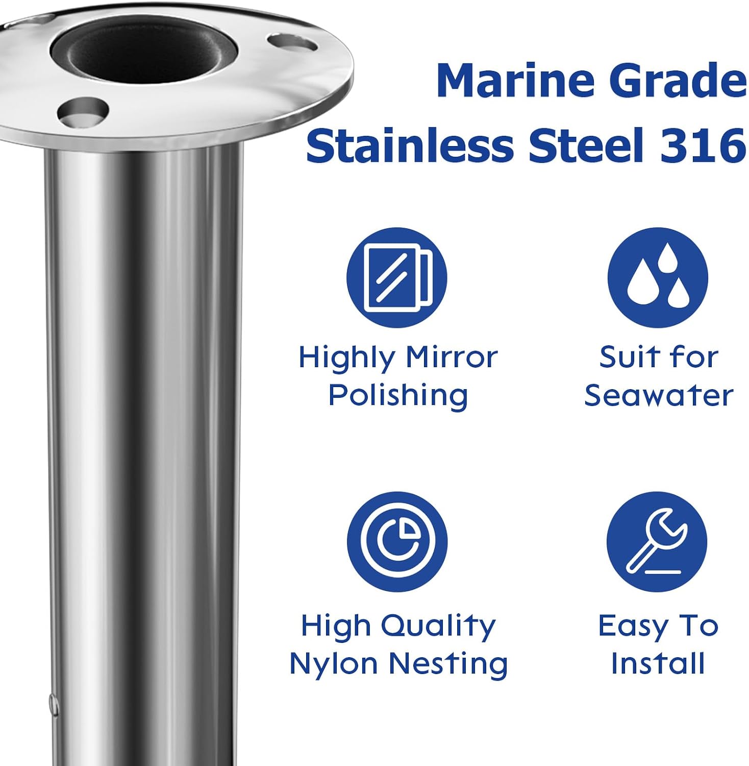 Fishing Rod Holder 2 Pack, 316 Stainless Steel 15/30/90 Degree Rod Holders for Fishing Boat, Flush Mount with Cap, Heavy Duty