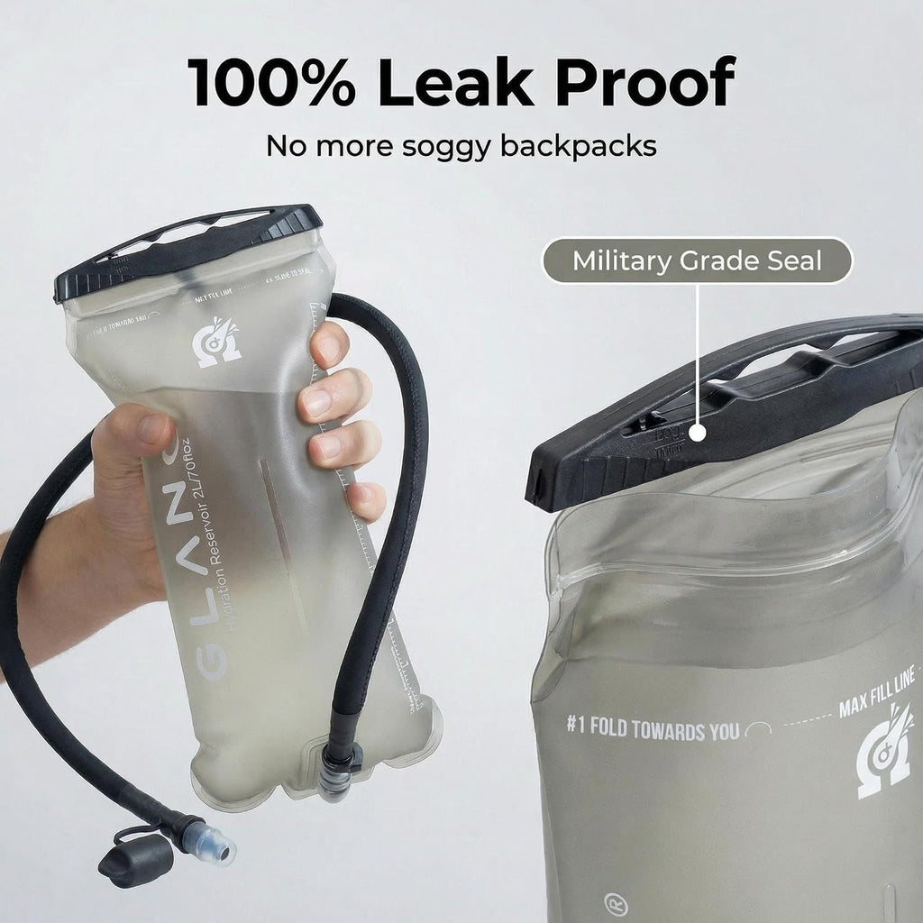 GLANC Hydration Bladder - 2L Water Bladder with Cleaning Kit for Outdoor Hiking Backpack, BPA Free Leakproof Water Reservoir for Hydration Pack, Insulated Hose & High Flow Bite Valve