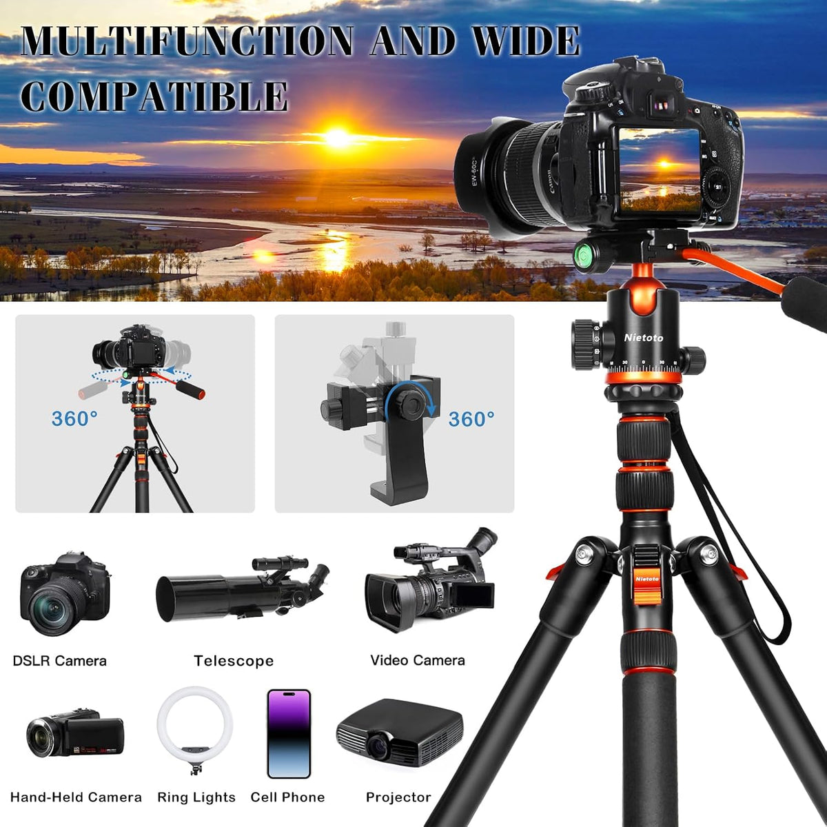 2 in 1 Camera Tripod & Hunting Stand Foldable, 68" Ball Head Tripod for Camera and Phone, Heavy Duty Tripod for DSLR Camera Lasers Binoculars Telescope Spotting Scope, Min Size 16.5" with Bag