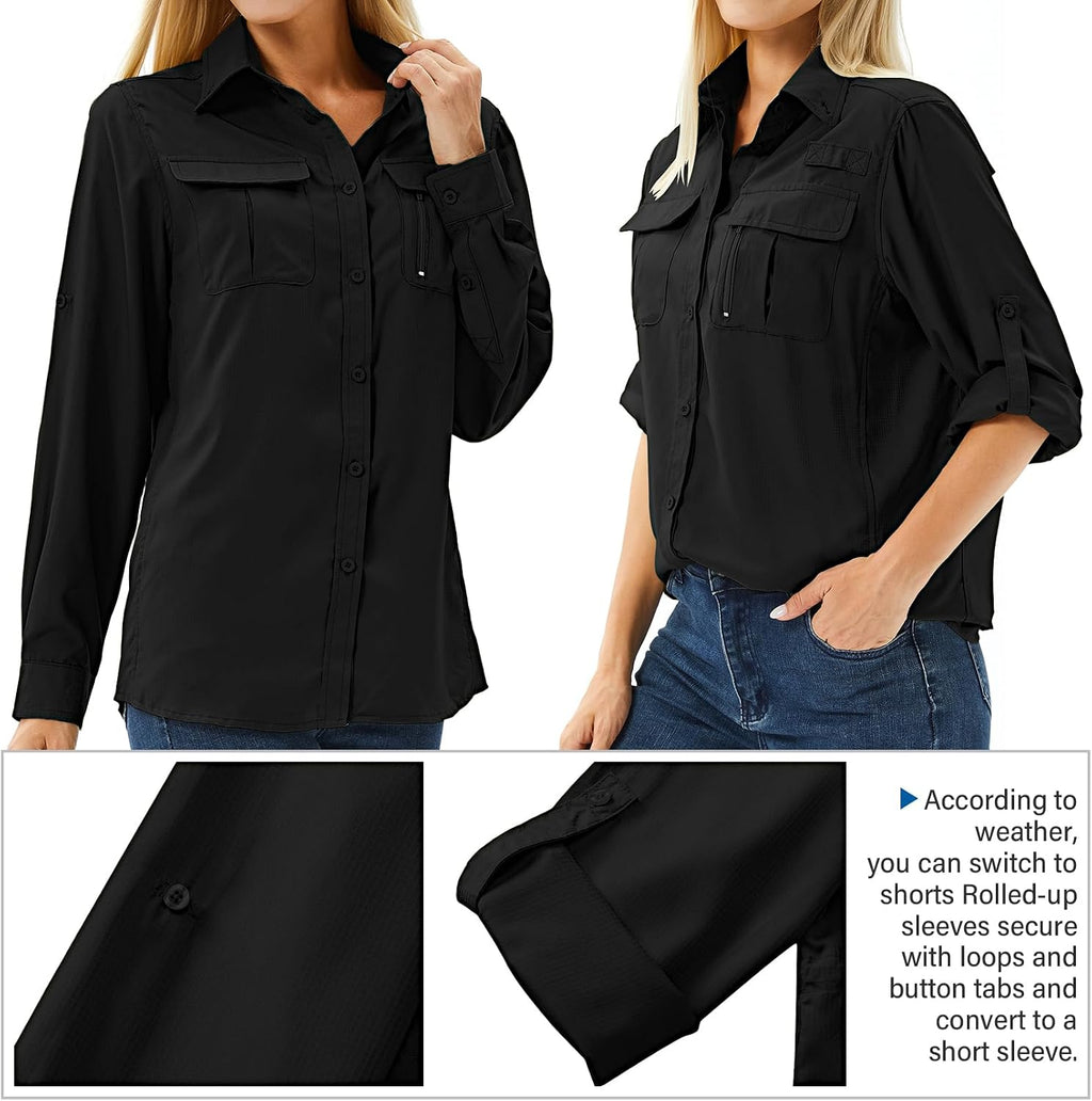 Women's UPF 50 Long Sleeve Sun Protection Safari Fish Hiking Shirts