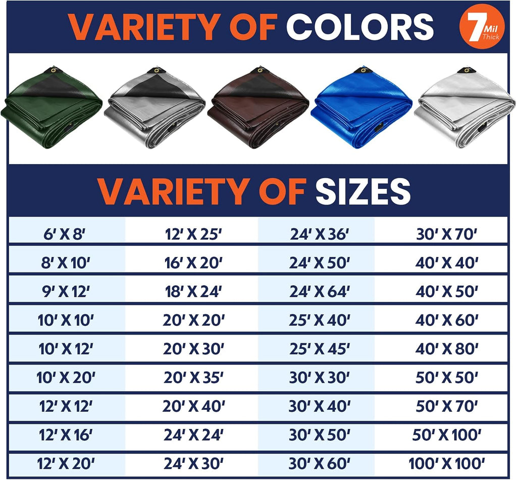 Heavy Duty 7 Mil Tarp Cover, Waterproof, UV Resistant, Rip and Tear Proof, Poly Tarpaulin with Reinforced Edges for Roof, Camping, Patio, Pool Cover, Boat (Blue 50′ X 70′)