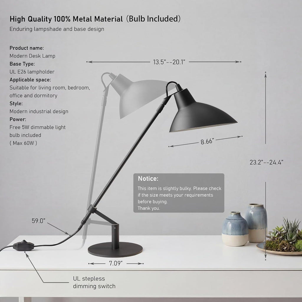 Desk Lamp Modern Industrial 100% Metal Adjustable Table Lamp 24", Natural Light (4000K) with Dimmer, Ideal for Office Bedroom Study Room Living Room Nightstand Bedside Lamps Sand Black
