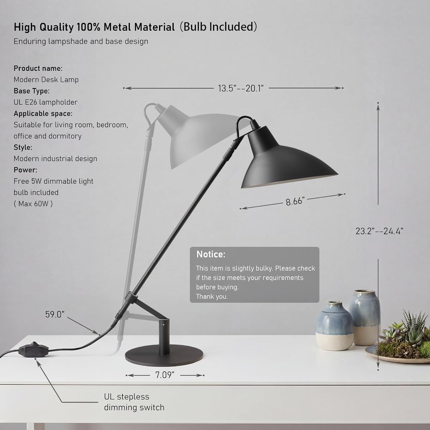 Desk Lamp Modern Industrial 100% Metal Adjustable Table Lamp 24", Natural Light (4000K) with Dimmer, Ideal for Office Bedroom Study Room Living Room Nightstand Bedside Lamps Sand Black