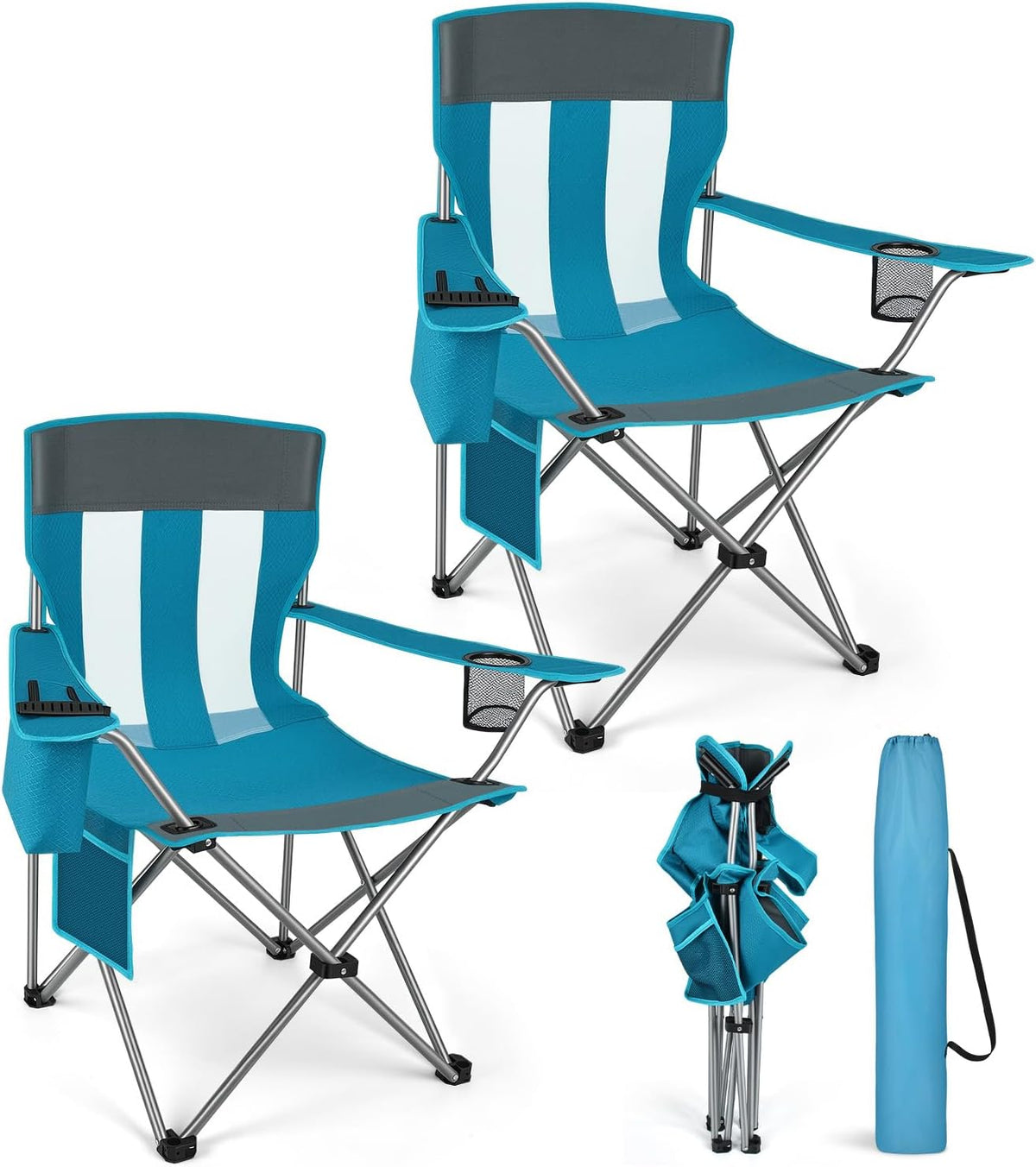 Camping Chair, 2-Pack Lightweight Folding Chair, 300lbs Capacity Outdoor Chair with Cooler Bag, Mesh Backrest, Cup Holder Pocket, Side Pocket, Portable Chair for Beach/Fishing/Tailgating/Sport Game
