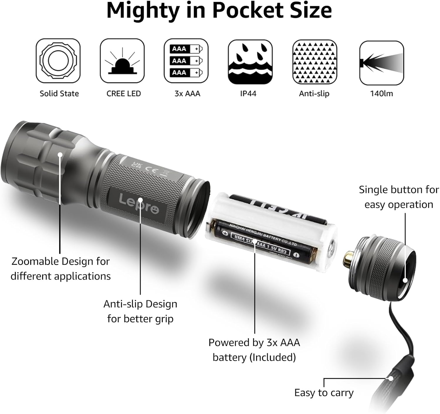 Lepro Lighting Ever LED Flashlight, High Lumens Waterproof Adjustable Focus