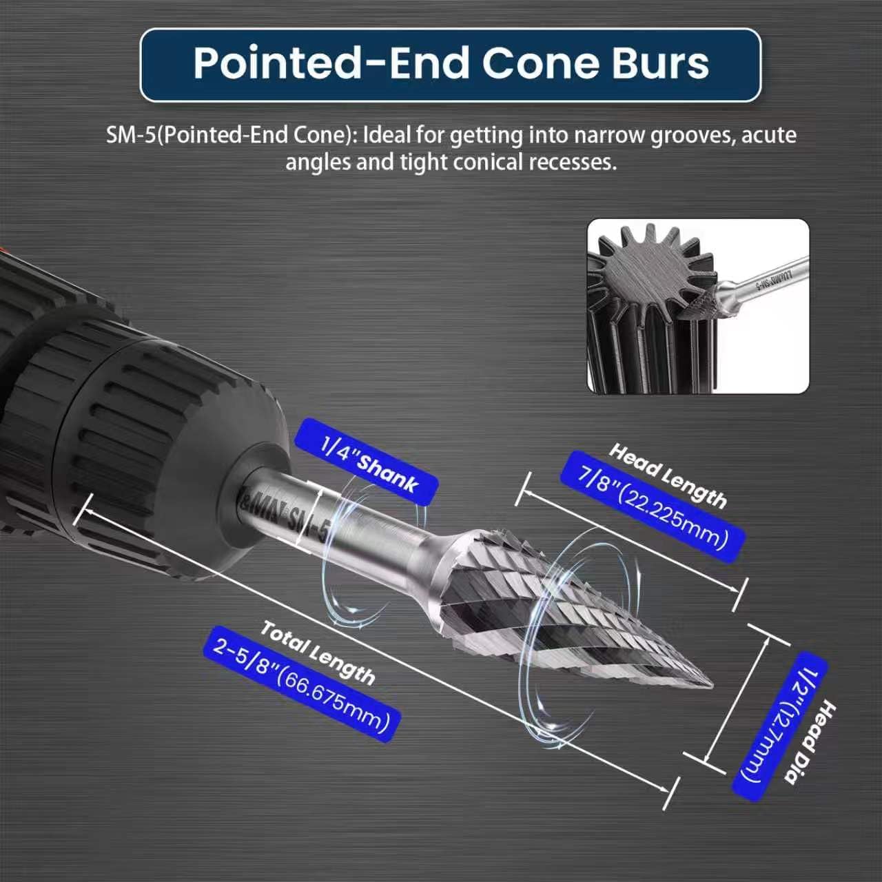 LU&MN SM-5 Tungsten Carbide Burr, 1/2" Head 1/4" Shank, 1 Pc
