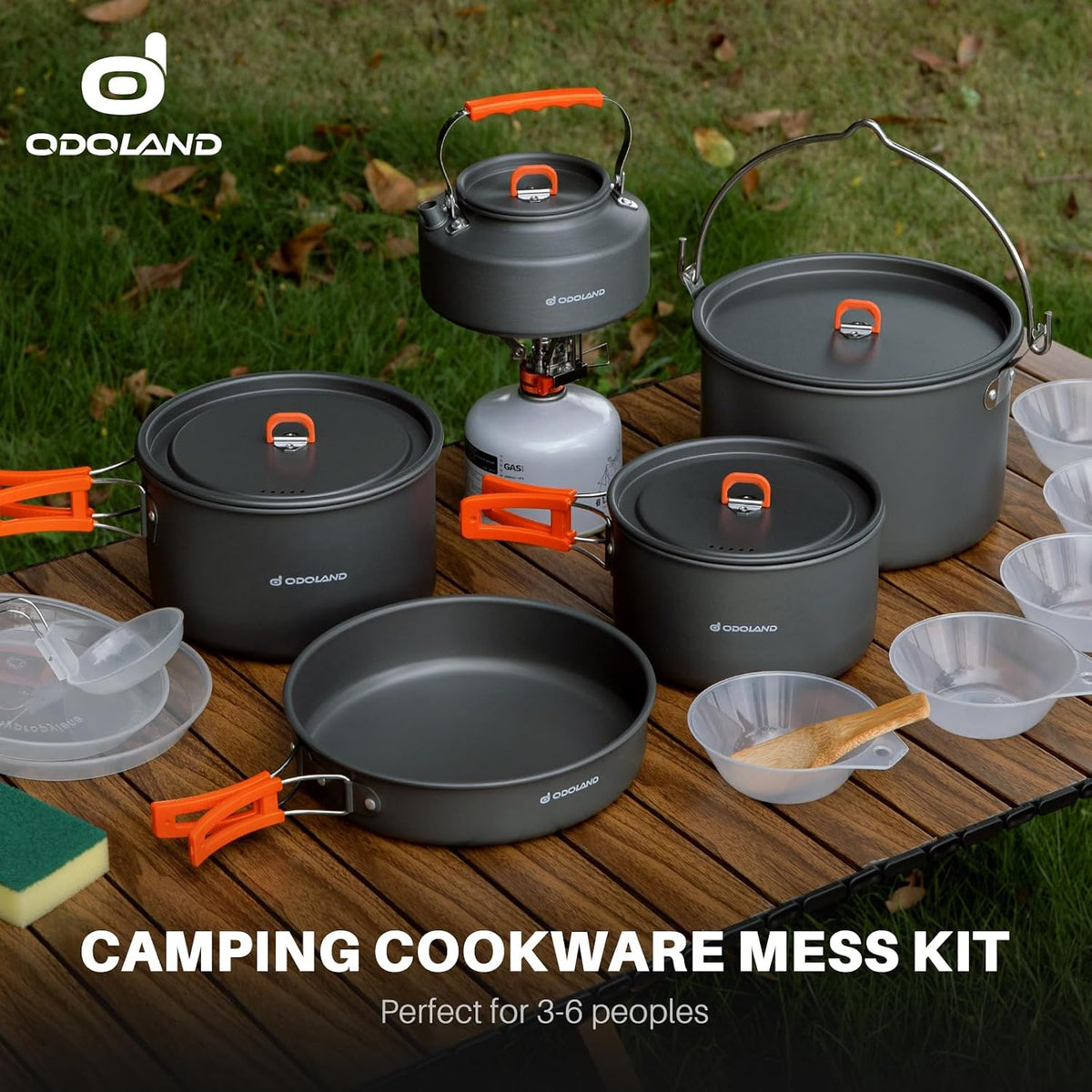 Odoland 18pcs Camping Cookware Large Size Hanging Pot Pan Kettle Set with Plastic Plates Bowls Soup Spoon for Camping, Backpacking, Outdoor Cooking and Picnic