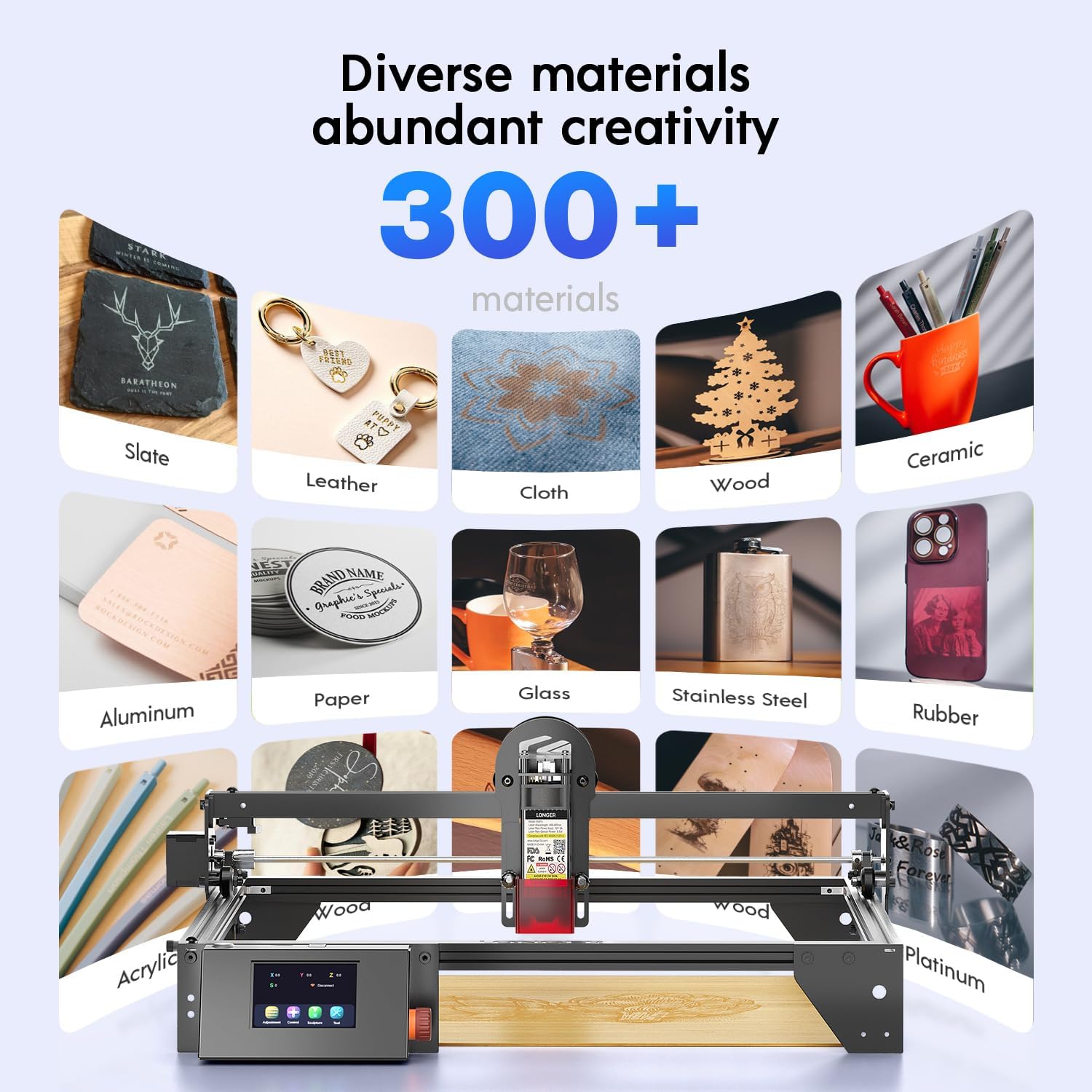 Longer RAY5 Laser Engraver with Air Pump,20W Output,24000mm/min High Speed,0.06mm High Precision Laser Engraver and Cutter for Wood,Metal,Acrylic,Cylindrical Objects, Working Area 15.75"x15.75"