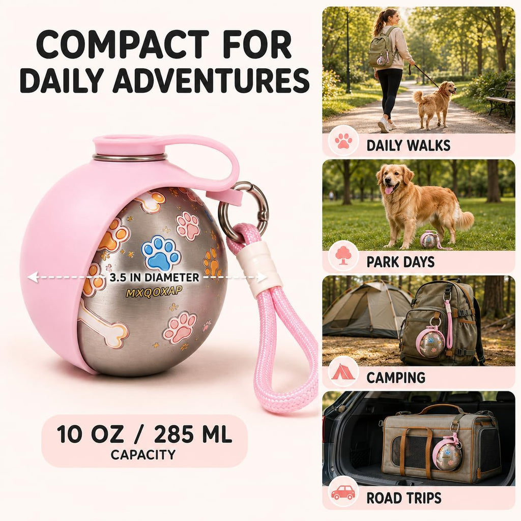 2026 New 2-in-1 Dog Water Bottle Portable, 10 Ounce Stainless Steel Dog Water Bottle, Travel Dog Water Bottle with Foldable Silicone Bowl and Water Reflux Design, Suitable for During Walks (Pink)