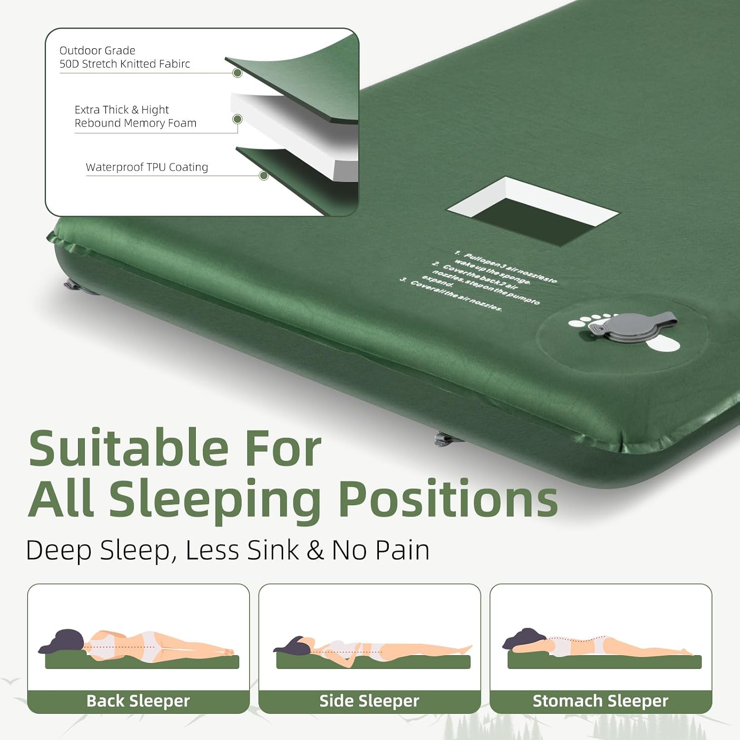 Wevelel Memory Sleeping Pad, 3.1" Ultra-Thick Foam Sleeping Mats for Camping, Easy Inflate&Deflate,9.5 R-Value Insulated Camping Mattress Pad with Pillow, for Car Travel Tent