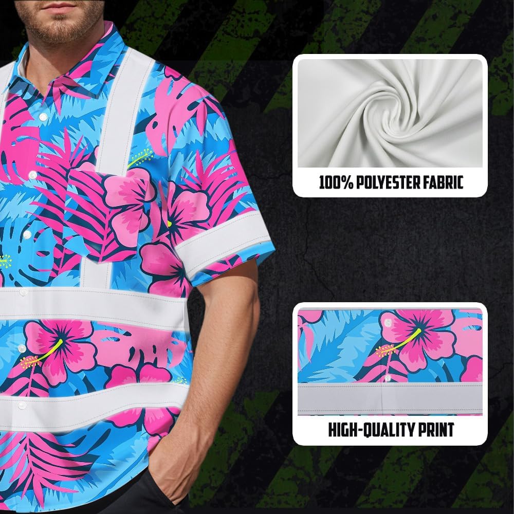 High Visibility Hawaiian Shirt for Men Tropical Shirts Custom Name Floral Outfit Reflective Safety Workwear