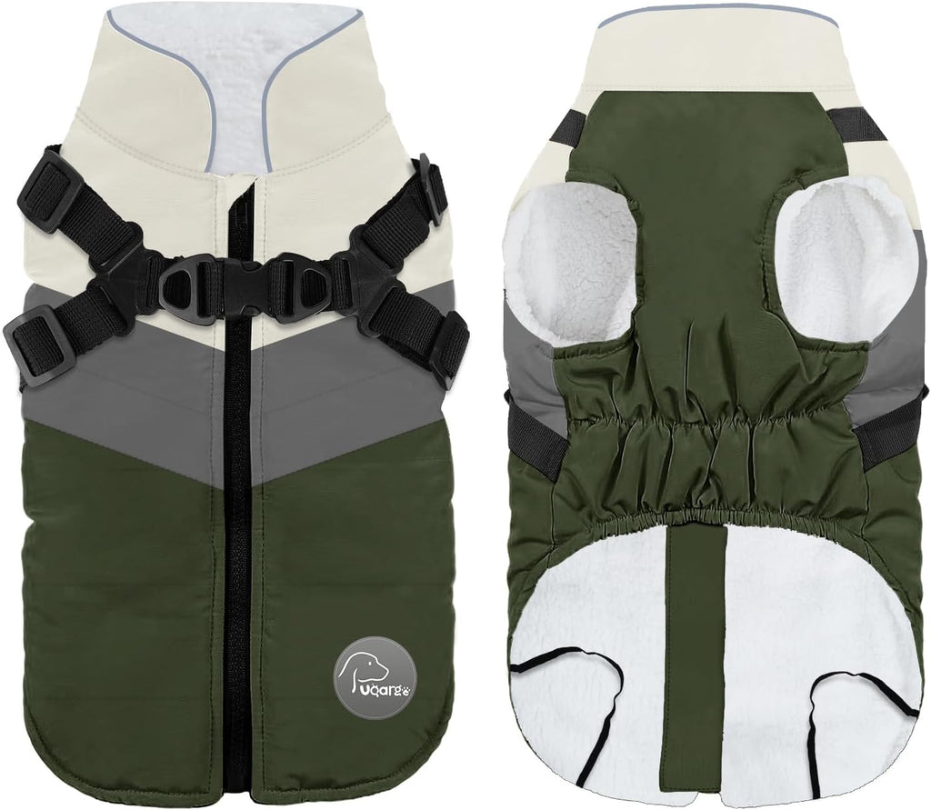 Warm Dog Winter Coat,Waterproof Dog Jacket with Built-in Harnes (Green, L)