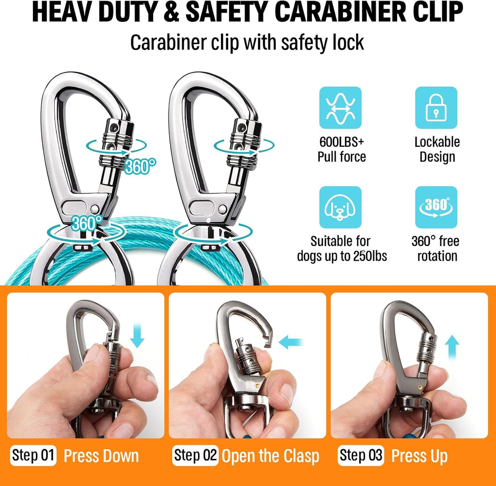 Upgraded Dog Runner for Yard, Heavy Duty Dog Trolley System with 10ft & 15ft Tie Out Cable (Orange+Aqua, 50ft Runner line+(10ft &15ft) tie Out Cable)