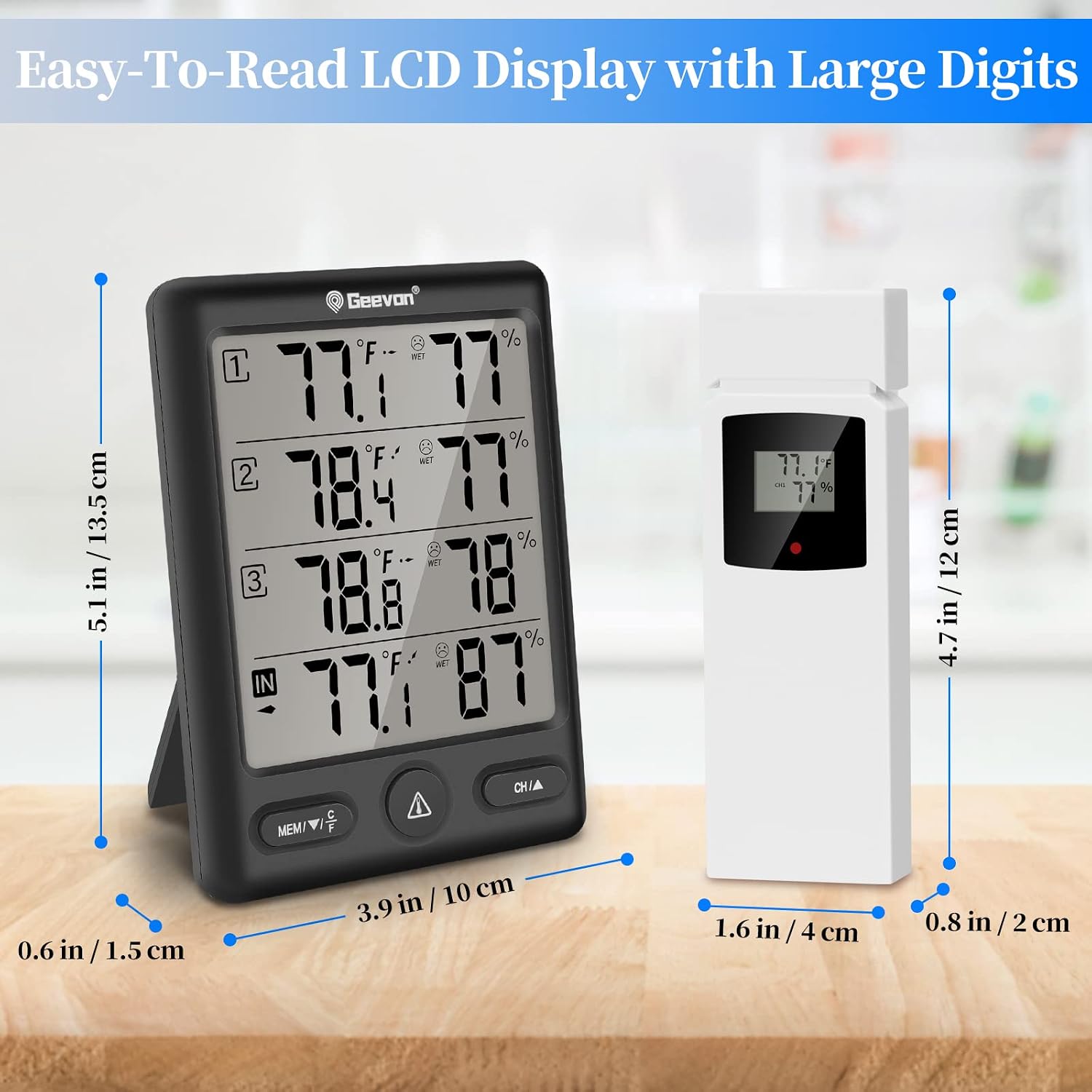 Geevon Indoor Outdoor Thermometer Wireless with 3 Remote Sensors, Digital Hygrometer Thermometer, Wireless Temperature Humidity Monitor Gauge with 200FT/60M Range